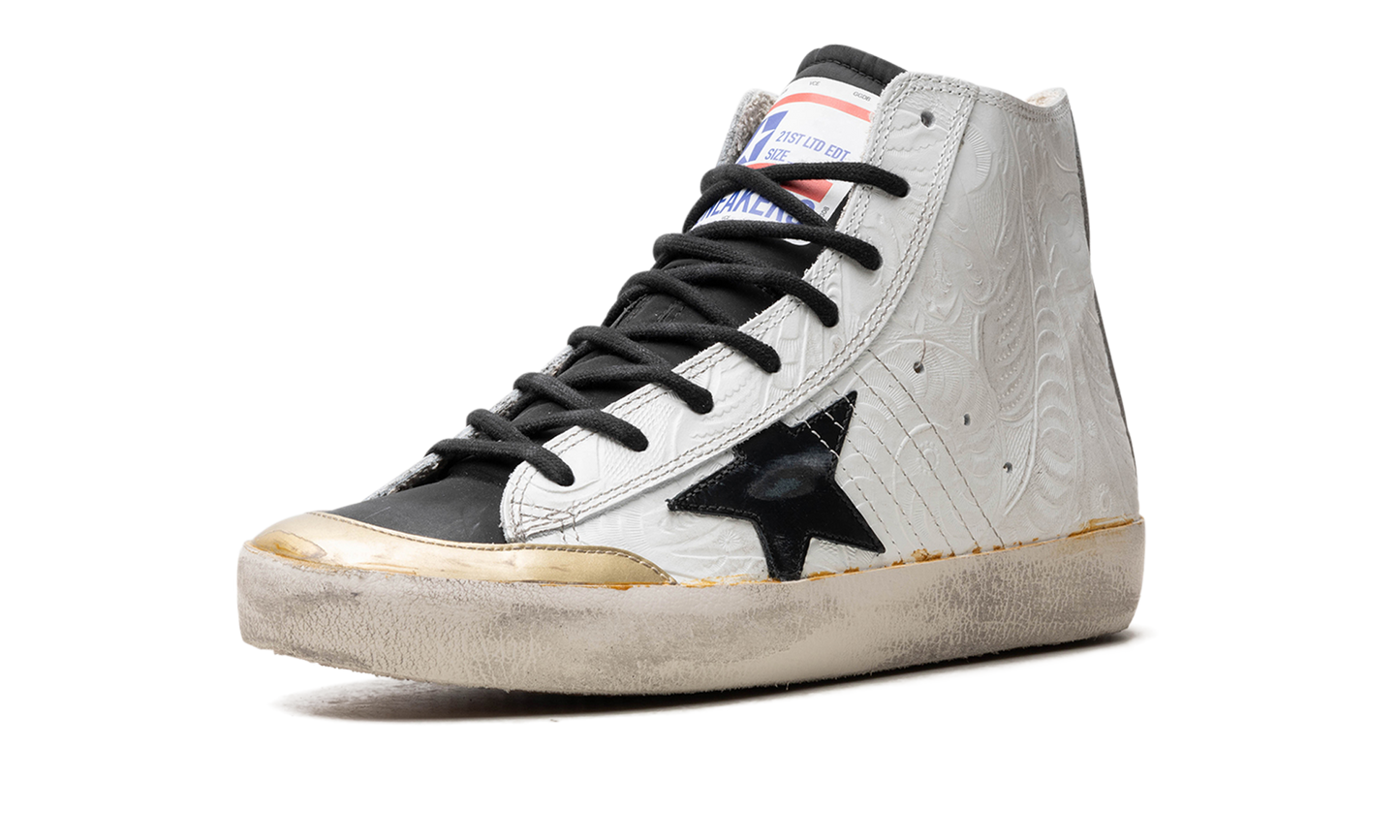 FRANCY PENSTAR FLOWERS PRINTED SUEDE UPPER AND LIST NYLON TOE LEATHER STAR "WHITE GOLD BLACK"